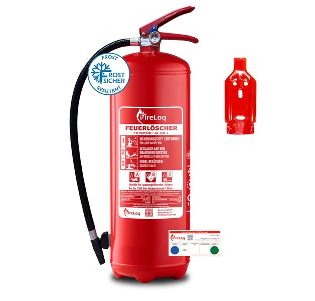 Feuerloescher FireLoq 9 Kilogramm Pulver ABC mit Schlauch und Wandhalterung frostsicher