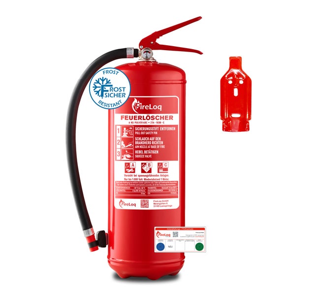 Roter FireLoq 6 Kilogramm Pulver-Feuerlöscher für Brandklassen A, B und C, frostbeständig, inklusive Schlauch, Manometer und Wandhalterung.