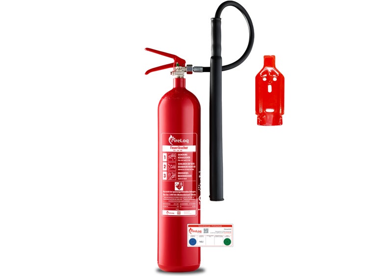 Feuerlöscher inklusive Schlauch, Halterung und Etikett