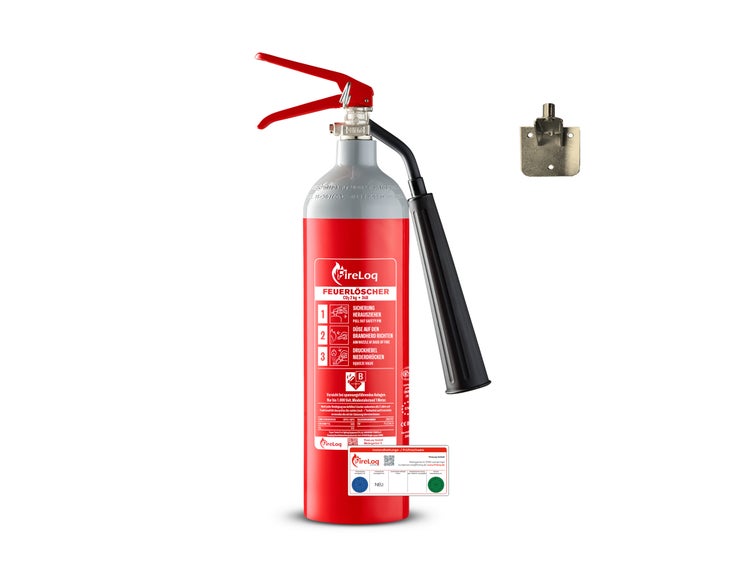 FireLoq CO2-Feuerlöscher 2 Kilogramm mit Schneerohr und Wandhalterung.
