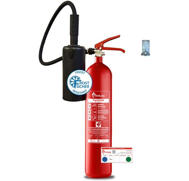Kohlendioxid Feuerlöscher von FireLoq mit Wandhalterung und Frostsicherheitszeichen
