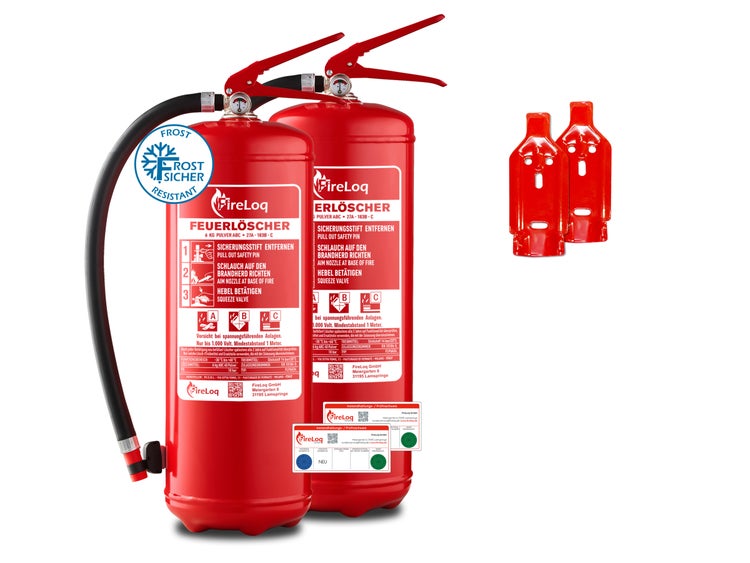 Zwei rote FireLoq 6 Kilogramm ABC-Pulver Feuerlöscher, frostbeständig, inklusive Wandhalterungen und Wartungsnachweisen.