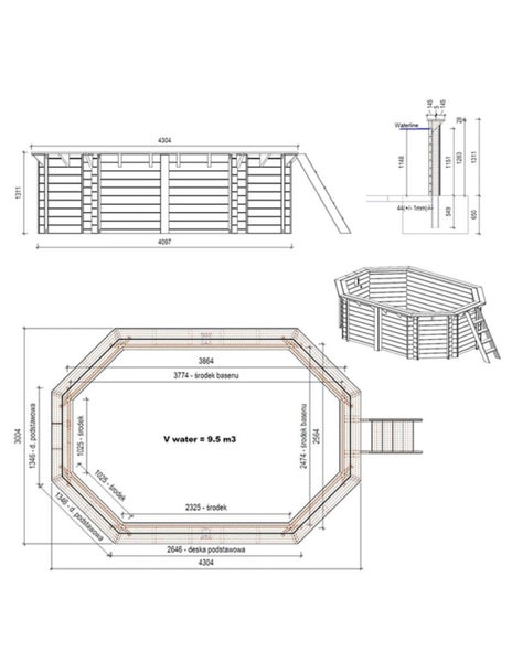 Technische Zeichnung eines Holzpools mit Maßen