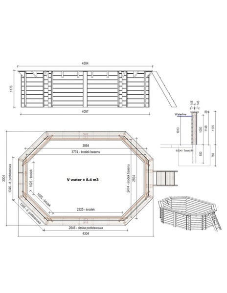 Technische Zeichnung eines Holzpools mit Maßangaben