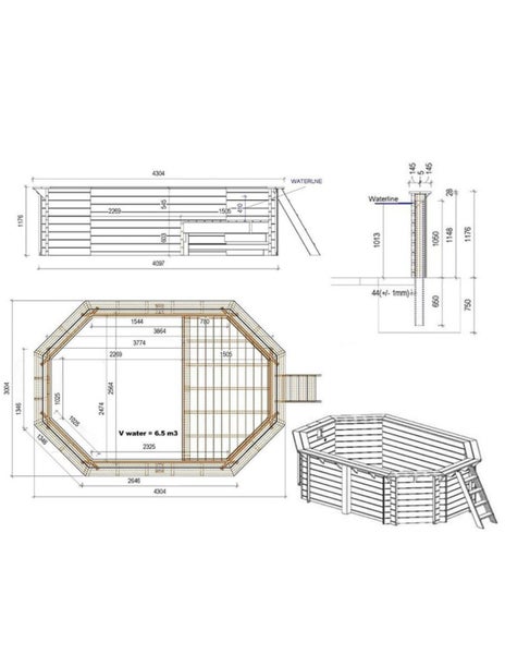 Technische Zeichnung eines Holzpools mit Maßangaben