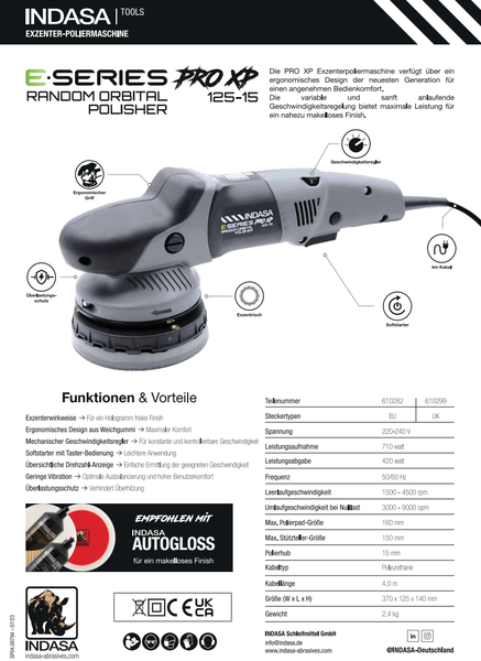 INDASA E-SERIES PRO XP Profi Poliermaschine125mm  710W bis 4500U/min 6-stufiger Polierer