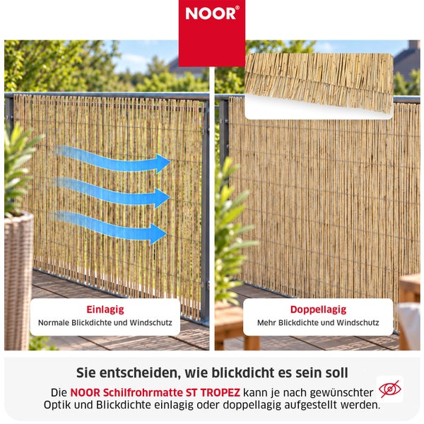 Noor Schilfrohrmatte St Tropez als Sichtschutz und Windschutz am Balkongeländer wahlweise einlagig oder doppellagig montierbar.