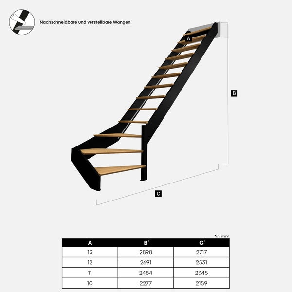 Spectra – 1/4 gewendelte Treppe nach rechts mit eingebauten LEDs, Schwarz