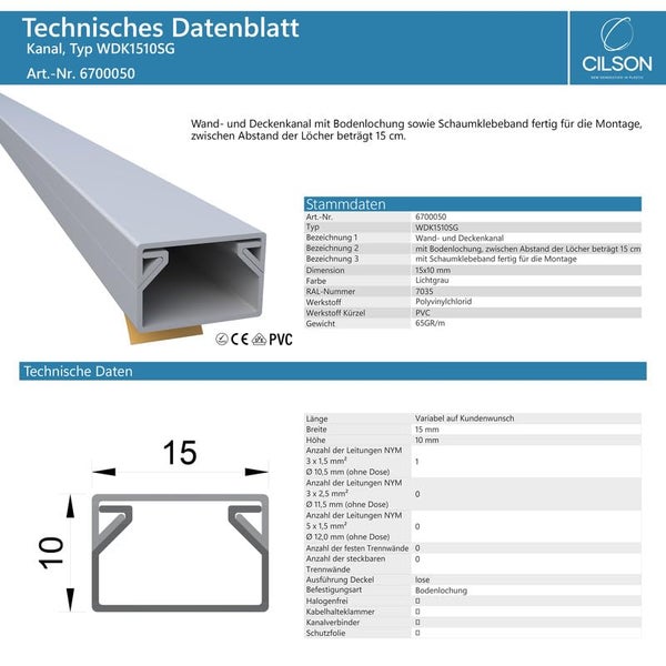 CILSON WDK1510SG Art.-Nr. 6700050.1 Kabelkanal Selbstklebend 15x10mm Grau - 1 m / 1000 mm, Platzsparendes Design, Starker Kleberückstand