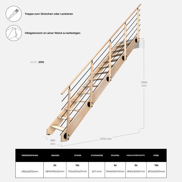 Treppe mit Geländer und Maßangaben