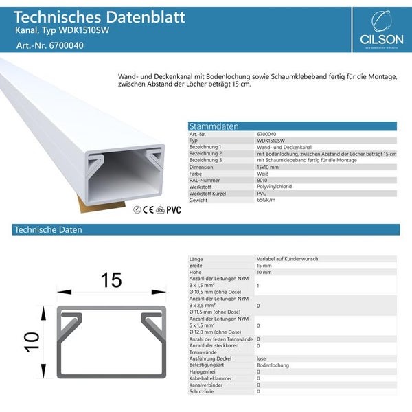 CILSON WDK1510SW Art.-Nr. 6700040.1 Kabelkanal Selbstklebend 15x10mm Weiß - 1 m / 1000 mm, Platzsparende Kabelordnung, Selbstklebende Montage