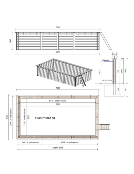 Technische Zeichnung eines Holzpools mit Maßangaben