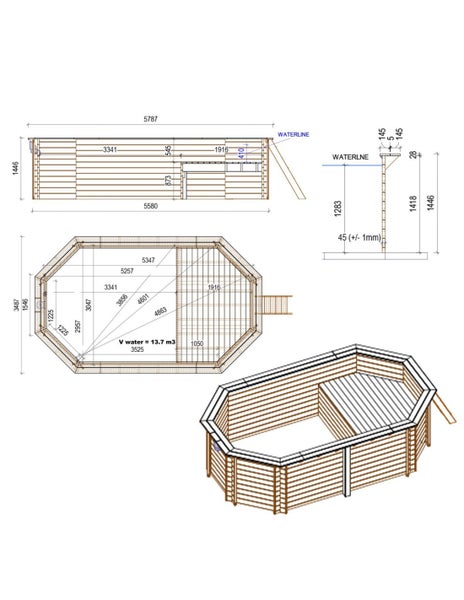 Technische Zeichnung eines Holzpools mit Maßen und Ansichten