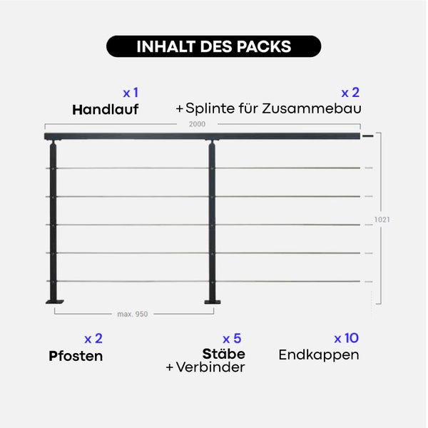 UNIVERSO - Geländerset 2m montagefertig aus schwarzem Stahl - Schwarzen Metall Handlauf