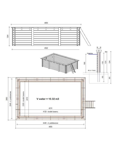 Technische Zeichnung eines Holzpools mit Maßen