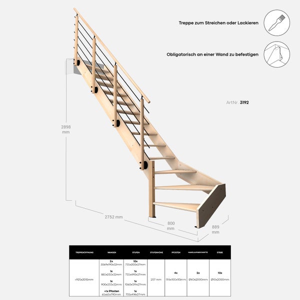 Treppe zum Streichen oder Lackieren mit den Maßen und der Artikelnummer 3192.