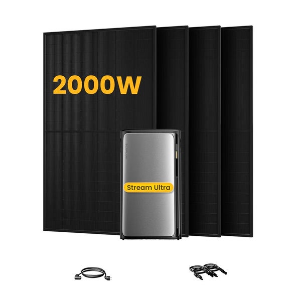 Balkonkraftwerk Komplettset mit vier Solarpanels 2000 Watt, EcoFlow PowerStream Mikrowechselrichter und Anschlusskabeln.