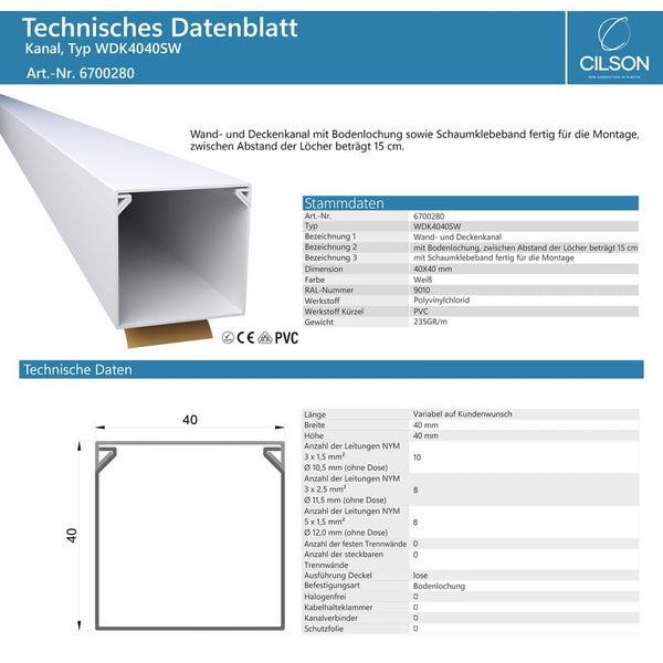 CILSON WDK4040SW Art.-Nr. 6700280 Kabelkanal Selbstklebend 40x40mm Weiß - 2 m / 2000 mm, Großzügiges Volumen, Sichere Kabelorganisation