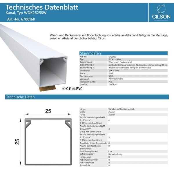 CILSON WDK2525SW Art.-Nr. 6700160.1.2 Kabelkanal Selbstklebend 25x25mm 2m, Weiß - 2 Stück 1 m / 1000 mm, Saubere Eckenführung, Stabiles Kabelmanagement