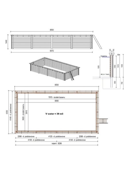 Technische Zeichnung eines Schwimmbeckens mit Maßangaben