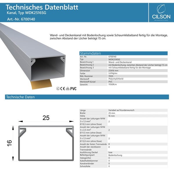 CILSON WDK2516SG Art.-Nr. 6700140.1.10 Kabelkanal Selbstklebend 25x16mm 10m, Grau - 10 Stück 1 m / 1000 mm, Erweiterte Kabelabdeckung, Schnelle Montage