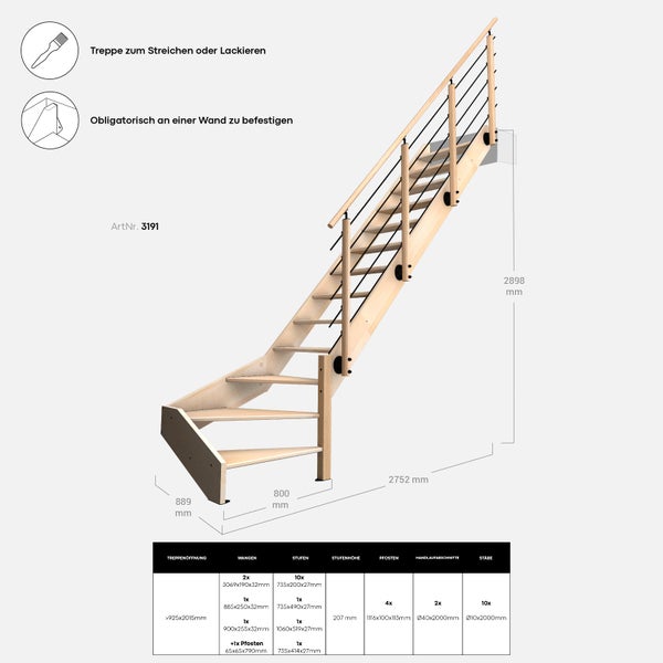 Holztreppe mit Maßen zur Planung und zum Einbau