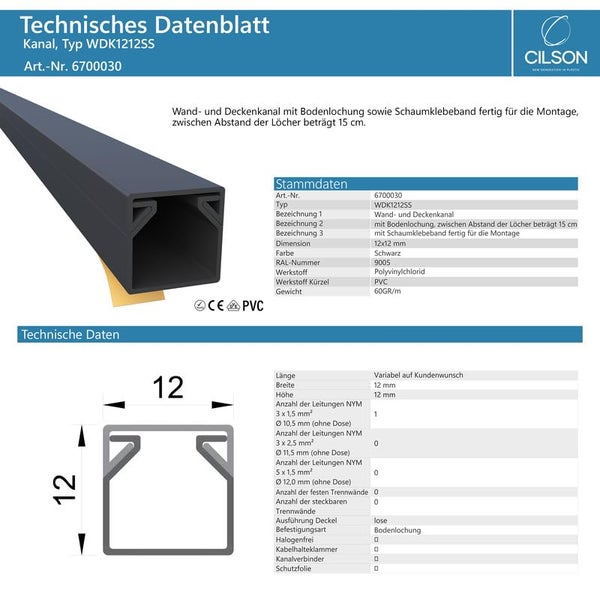 CILSON WDK1212SS Art.-Nr. 6700030.1.20 Kabelkanal Selbstklebend 12x12mm 20m, Schwarz - 20 Stück 1 m / 1000 mm, Kabelführung, Einfache Installation, Vorgestanzte Bohrlöcher