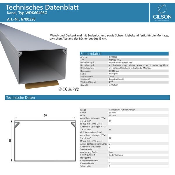 CILSON WDK6040SG Art.-Nr. 6700320.1.20 Kabelkanal Selbstklebend 60x40mm 20m, Grau - 20 Stück 1 m / 1000 mm, XXL Kabelkapazität, Industrielle Qualität