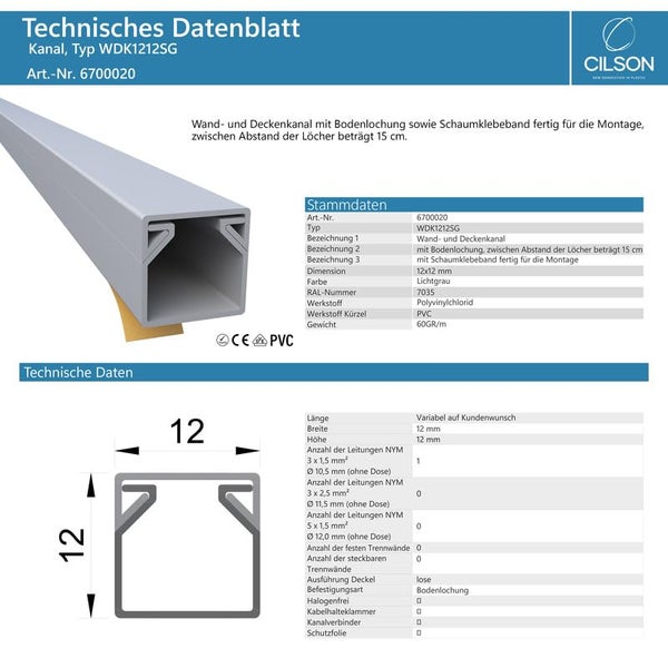 CILSON WDK1212SG Art.-Nr. 6700020.1.20 Kabelkanal Selbstklebend 12x12mm 20m, Grau - 20 Stück 1 m / 1000 mm Unaufdringliche Kabelverlegung, Einfaches Anbringen