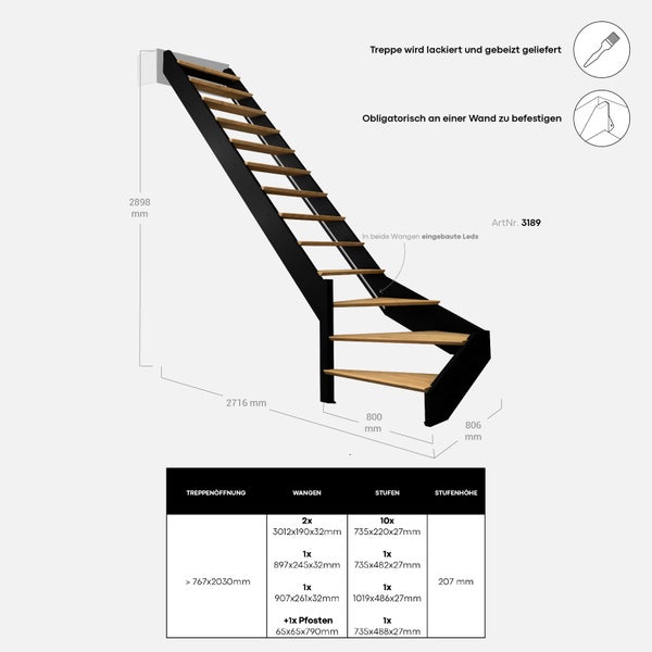 Spectra – 1/4 gewendelte Treppe nach links mit eingebauten LEDs, Schwarz