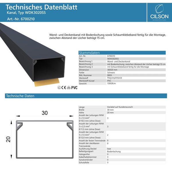 CILSON WDK3020SS Art.-Nr. 6700210.2.10 Kabelkanal Selbstklebend 30x20mm 20m, Schwarz - 10 Stück 2 m / 2000 mm, Optimale Kabelorganisation, Große Kapazität