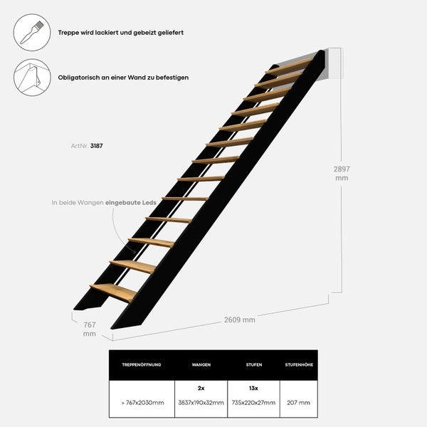 SPECTRA – Gerade Treppe aus Buche und Eiche mit eingebauten LEDs, Schwarz