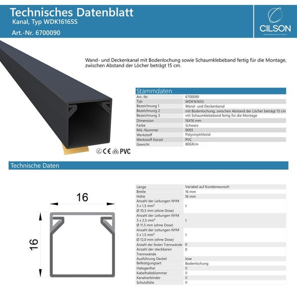 CILSON WDK1616SS Art.-Nr. 6700090.1.2 Kabelkanal Selbstklebend 16x16mm 2m, Schwarz - 2 Stück 1 m / 1000 mm, Robuste Kabelverlegung, Stilvolles Design