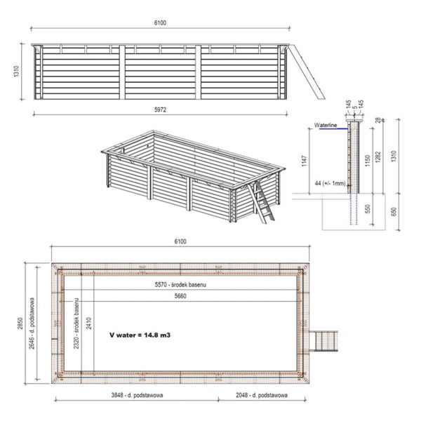 Technische Zeichnung eines Holzpools mit Maßen.