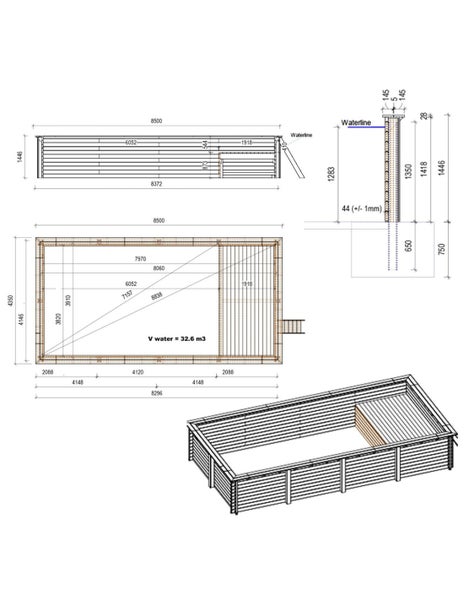 Technische Zeichnung eines Schwimmbads mit Maßangaben