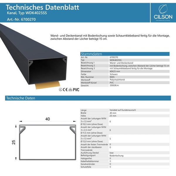 CILSON WDK4025SS Art.-Nr. 6700270.1.10 Kabelkanal Selbstklebend 40x25mm 10m, Schwarz - 10 Stück 1 m / 1000 mm, Vielseitig Einsetzbar, Extra Volumen für Kabel