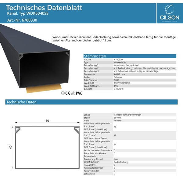 CILSON WDK6040SS Art.-Nr. 6700330.1.2 Kabelkanal Selbstklebend 60x40mm 2m, Schwarz - 2 Stück 1 m / 1000 mm, XXL Größe für umfangreiche Kabelmengen, Sicherer Halt