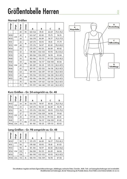Herren Größentabelle mit Angaben zu Körperhöhe, Brust-, Taillen- und Schrittumfang
