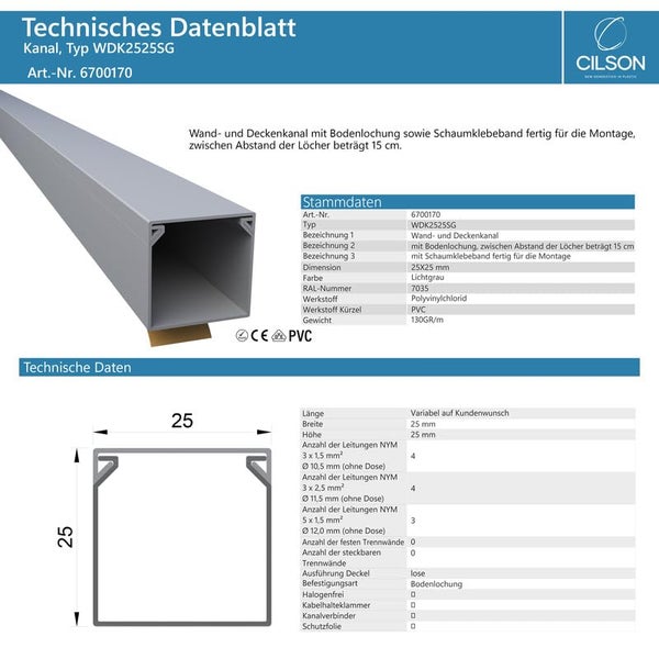 CILSON WDK2525SG Art.-Nr. 6700170.2.10 Kabelkanal Selbstklebend 25x25mm 20m - 10 Stück 2 m / 2000 mm, Grau, Quadratisches Profil, Ordnung und Schutz
