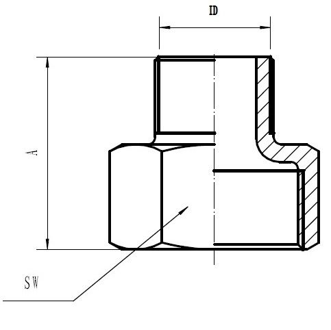 Technische Zeichnung eines Rohrverbindungsstücks mit Maßangaben für Höhe, Innendurchmesser und Schlüsselweite.