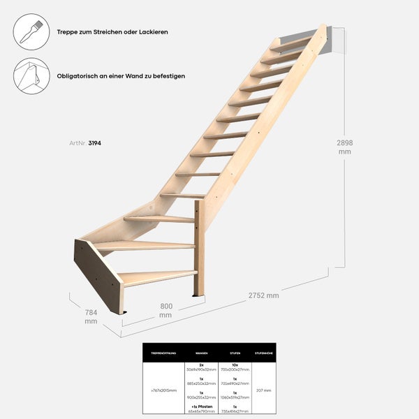 Holztreppe mit Maßangaben, zum Streichen oder Lackieren, obligatorisch an einer Wand zu befestigen