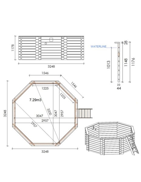 Technische Zeichnung eines Achtform-Holzpools mit Maßen