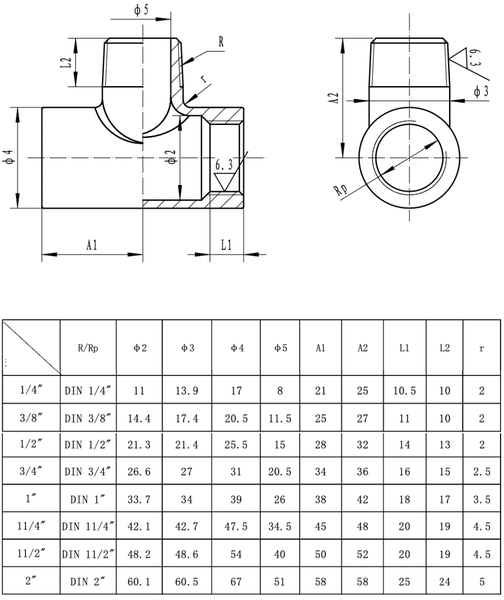 Technische Zeichnung eines T-Stücks mit einer Maßtabelle für Anschlussgrößen von ein Viertel Zoll bis zwei Zoll.