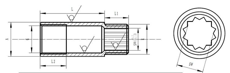 Technische Zeichnung eines Steckschlüsseleinsatzes mit Maßen