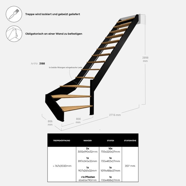 Spectra – 1/4 gewendelte Treppe nach rechts mit eingebauten LEDs, Schwarz