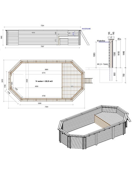 Technische Zeichnung eines Holzpools mit Maßangaben