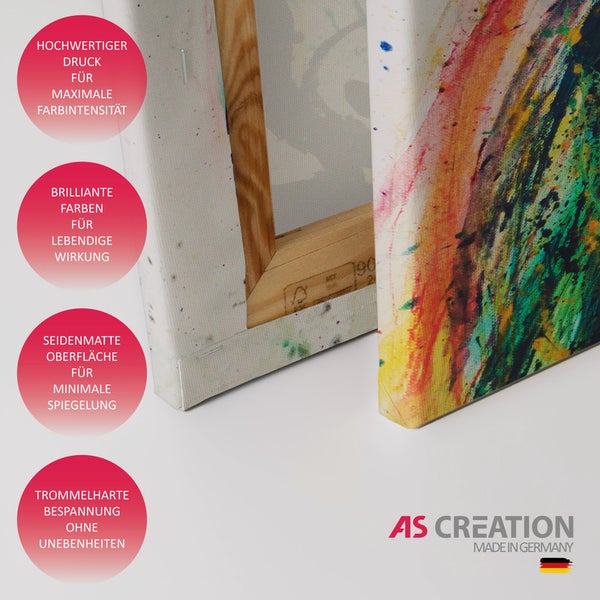 Nahaufnahme einer Leinwand mit hochwertigem Druck, brillanten Farben, seidenmatter Oberfläche und trommelharter Bespannung von AS Creation