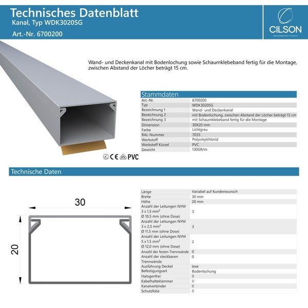 CILSON WDK3020SG Art.-Nr. 6700200.1 Kabelkanal Selbstklebend 30x20mm Grau - 1 m / 1000 mm, Umfangreiche Kabelkapazität, Dauerhafter Halt