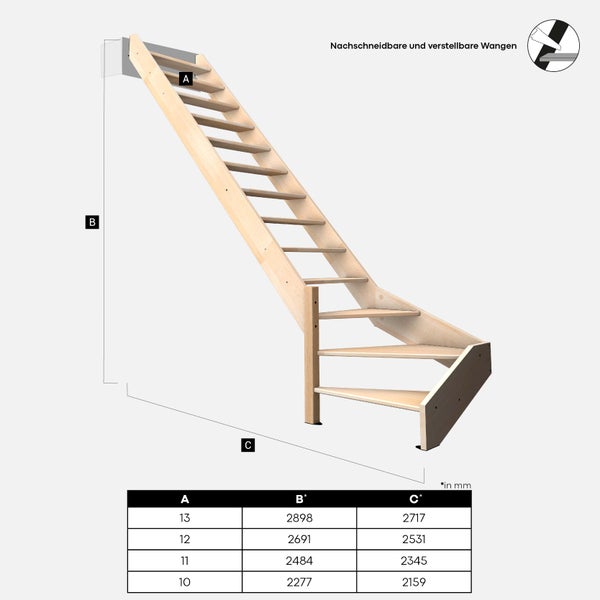 Holztreppe mit verstellbaren Wangen und Maßangaben