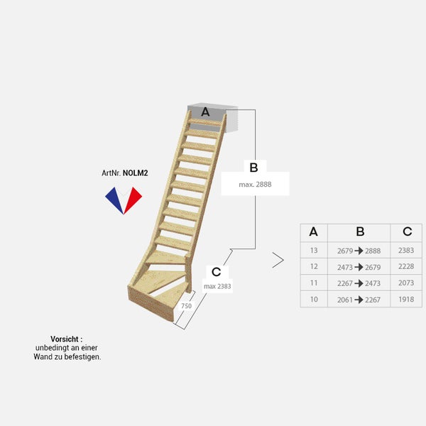 Illustration einer Raumspartreppe mit Maßangaben und Artikelnummer